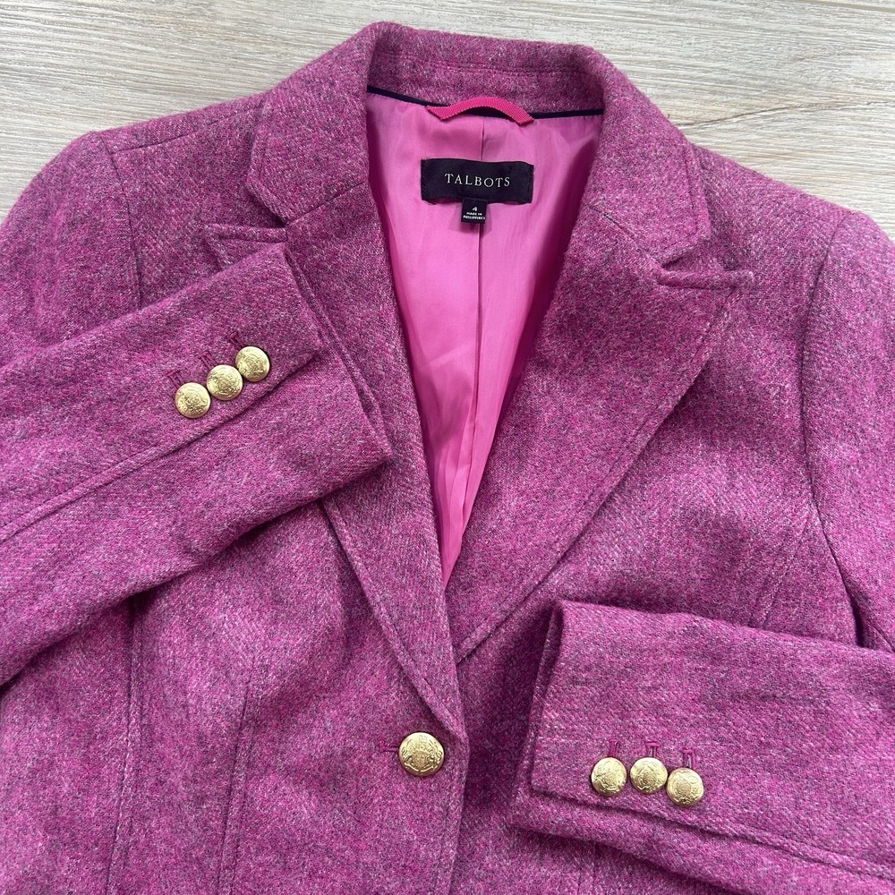 Talbots Size 4 Wool Blend Pink Herringbone Blazer Gold Buttons Chic Barbie